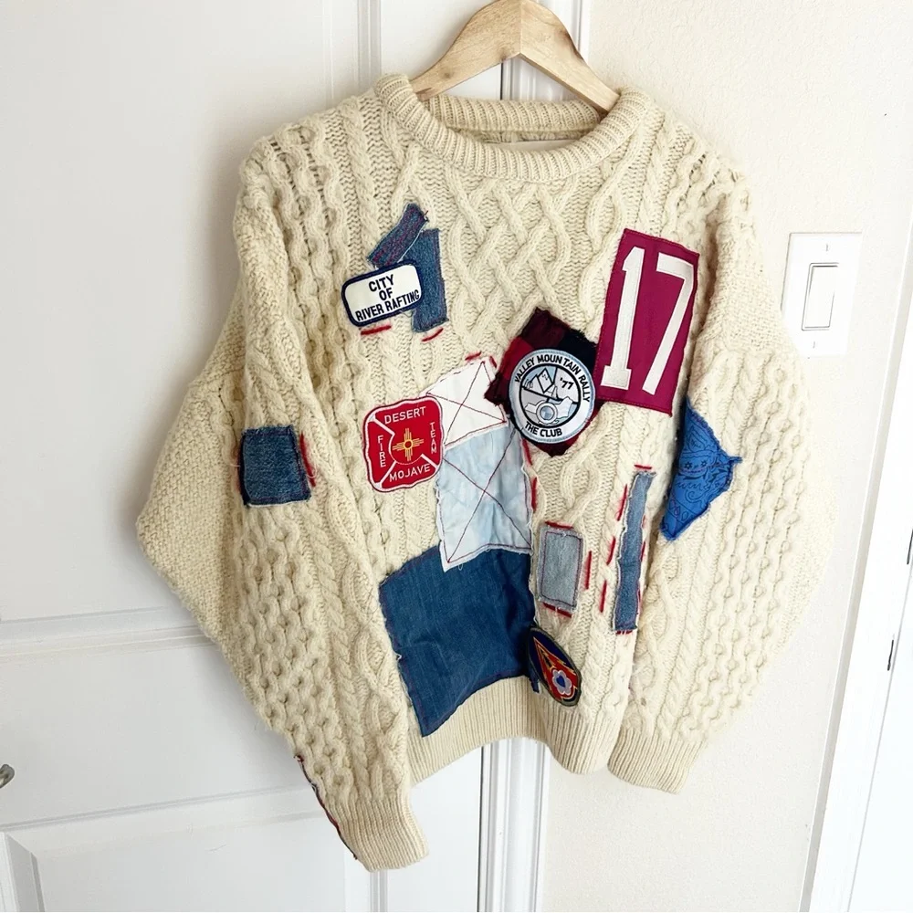Free People Riley Vintage Patched Wool Blend Crewneck Sweater